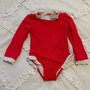 Elegant Beaufort Bonnet Company Coral/red Kids Swim One Piece with White Trim